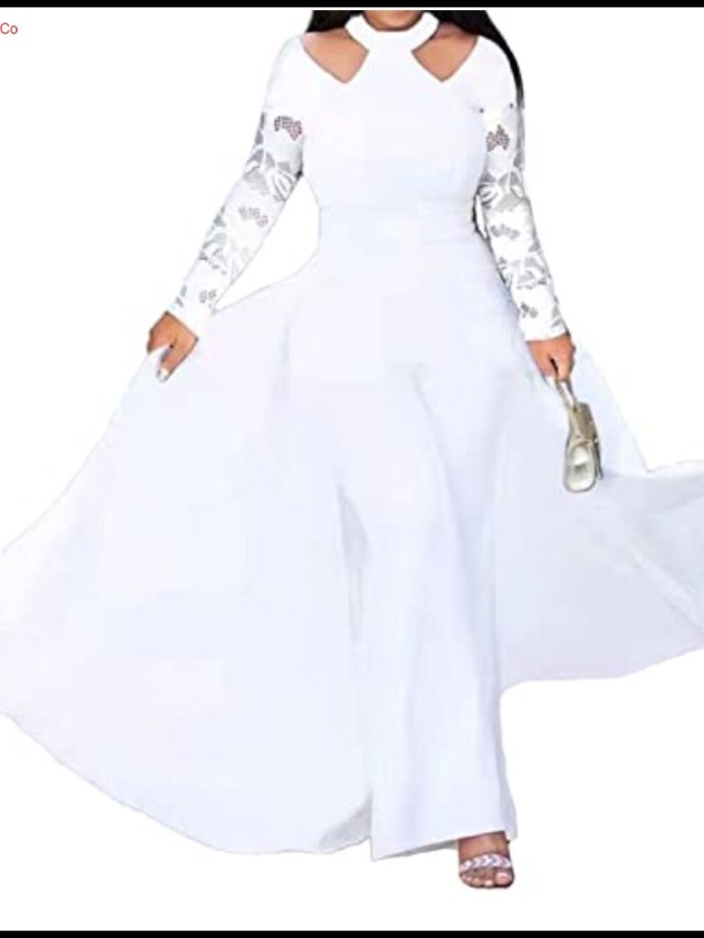 Long Sleeve Lace Patchwork Overlay Jumpsuit Halter Neck High Waist Party
